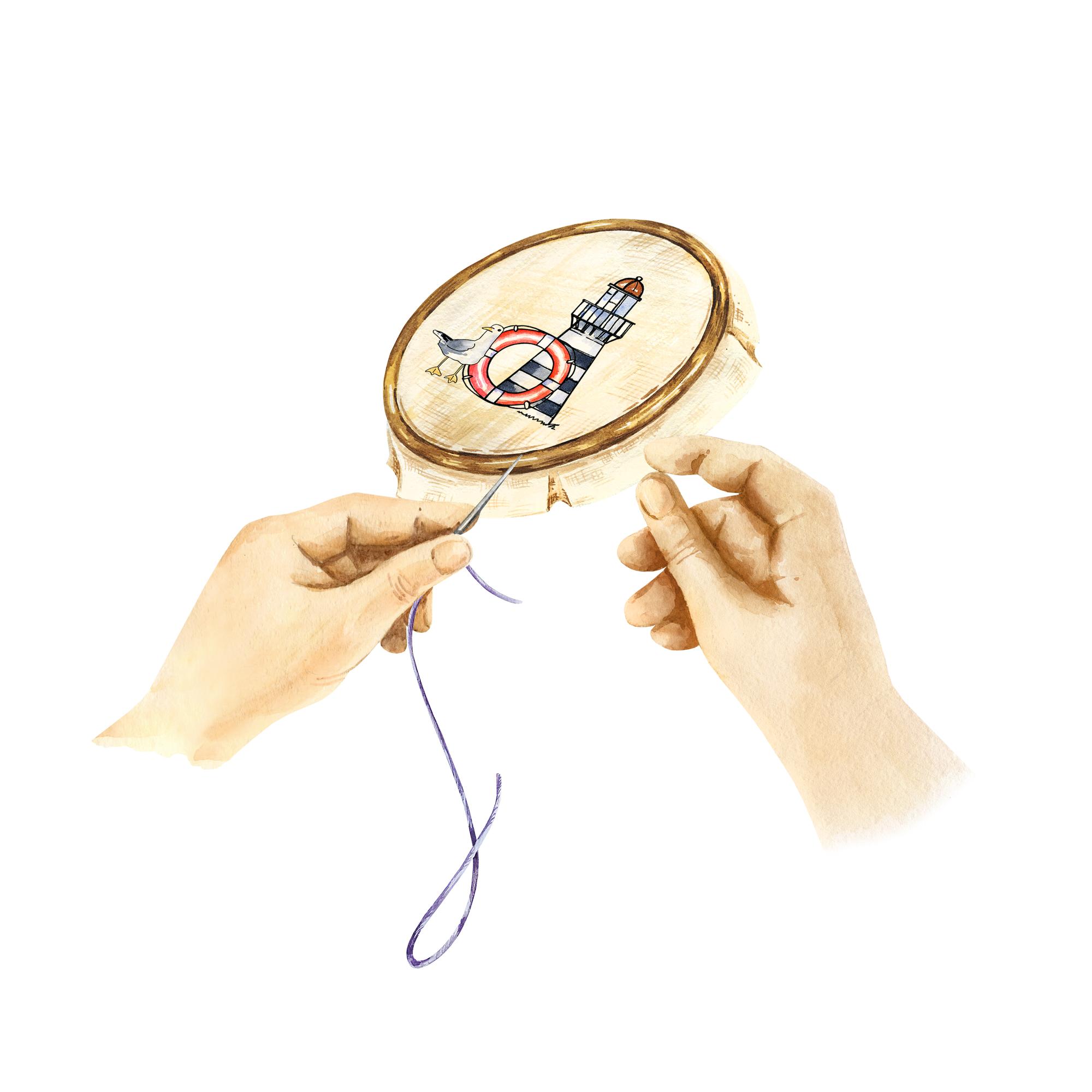 Hand auf Stickrahmen mit feinem Garn